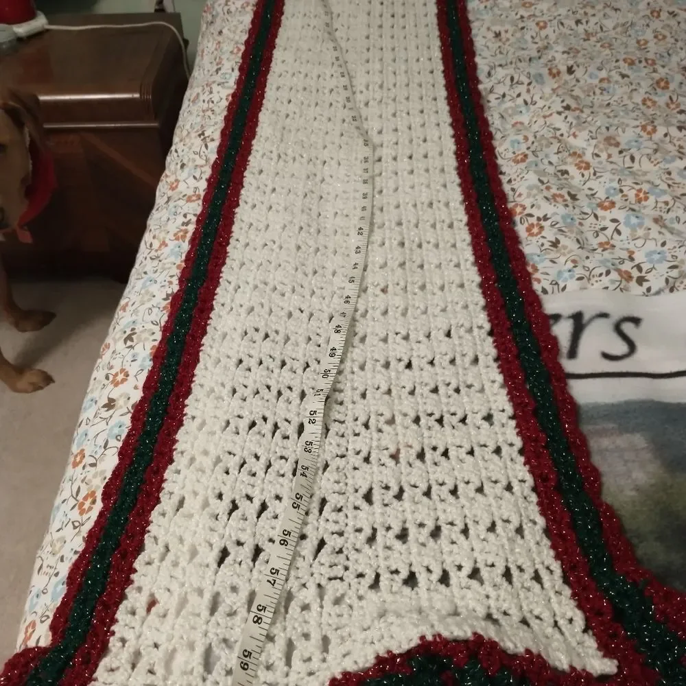 Hand Crafted Table Runner Crochet Long Sparkling Rectangle 62 inch White Red